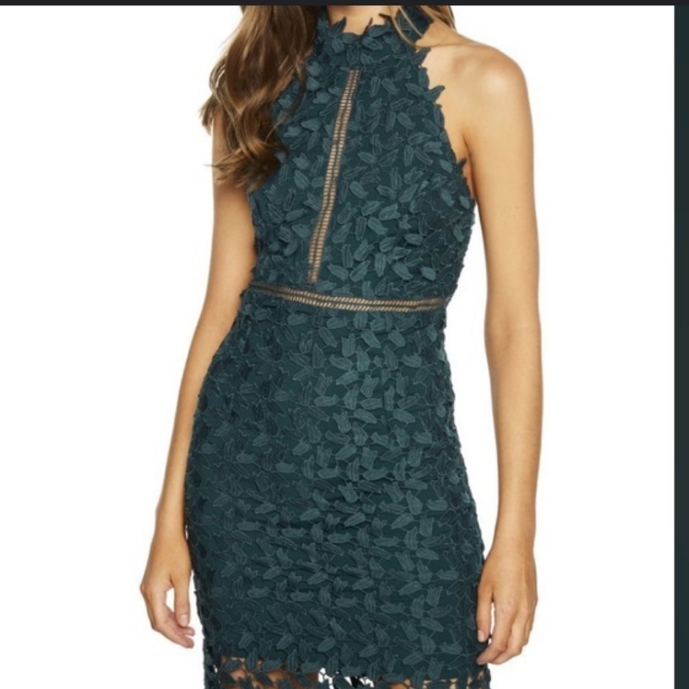 Bardot women’s green vine lace overlay halter mini dress XS 4 formal party Ivy